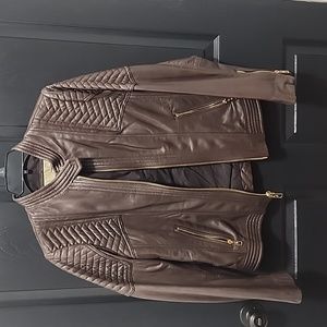 Women michael kors leather jacket large dark brown